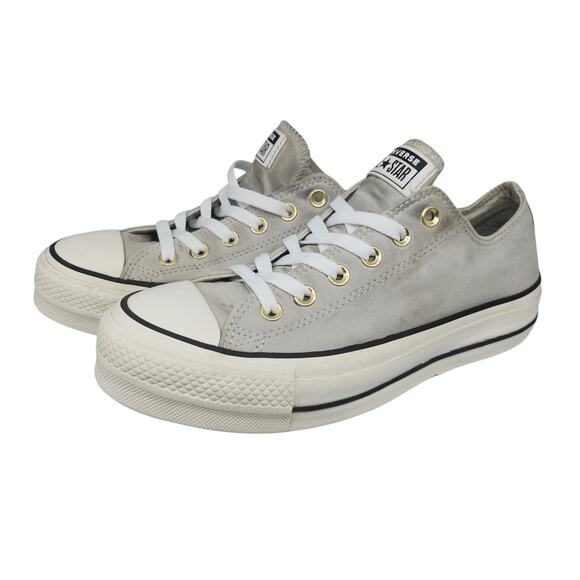 Converse Shoes Womens 8.5 Platform Gray Leather Gold Low Tops Grunge Preppy - Picture 1 of 15